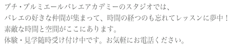 プチ・プルミエールバレエアカデミーのスタジオでは、バレエの好きな仲間が集まって、時間の経つのも忘れてレッスンに夢中！素敵な時間と空間がここにあります。体験・見学随時受け付け中です。お気軽にお電話ください。