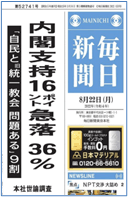 毎日新聞一面記事　内閣支持率16ポイント急落、36％